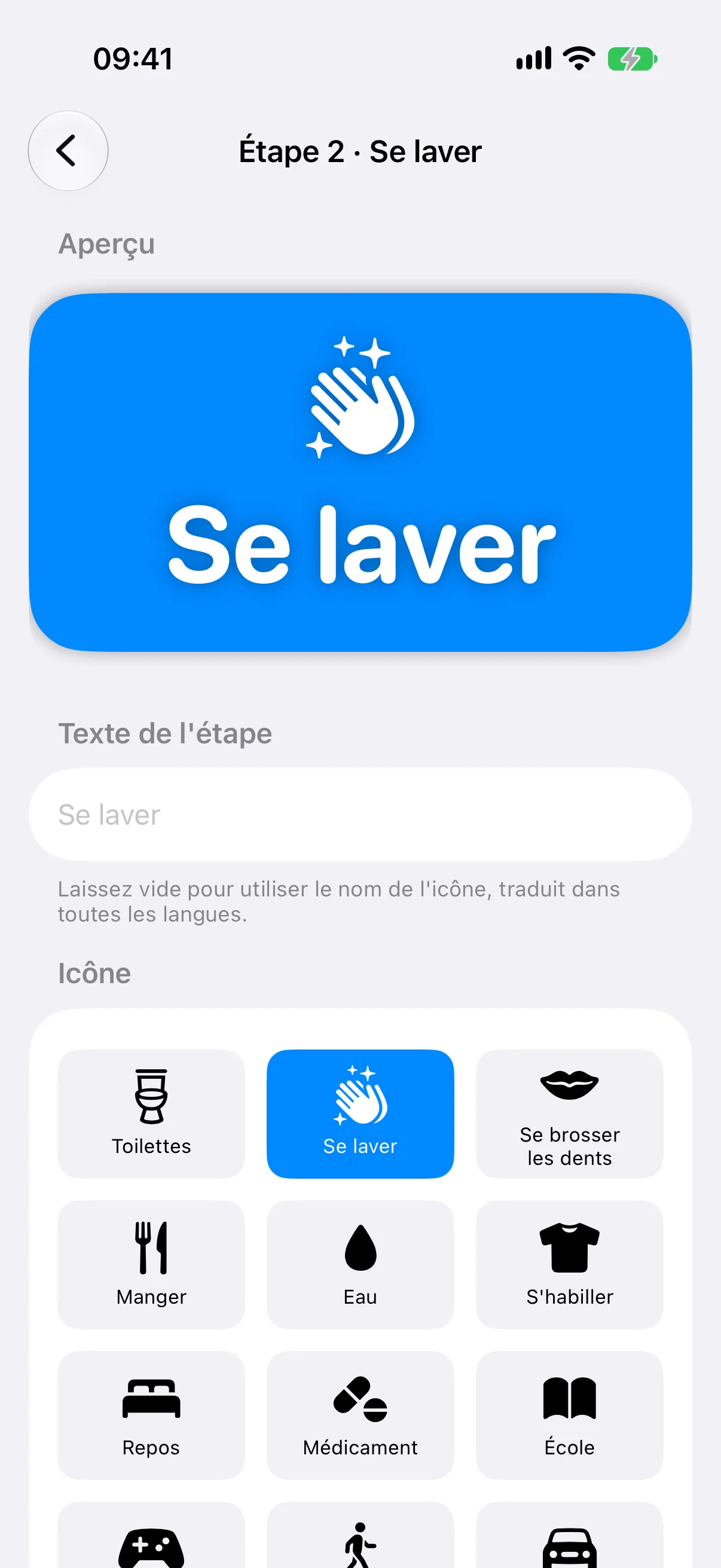 L'éditeur d'une étape : aperçu, texte, icônes