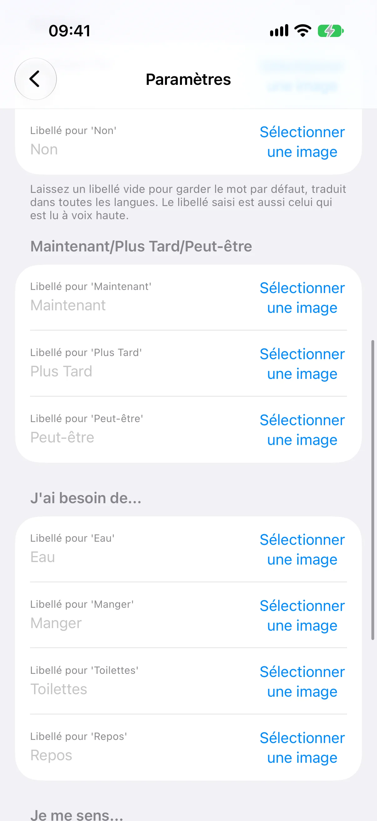 Les boutons, grille par grille : libellé et photo
