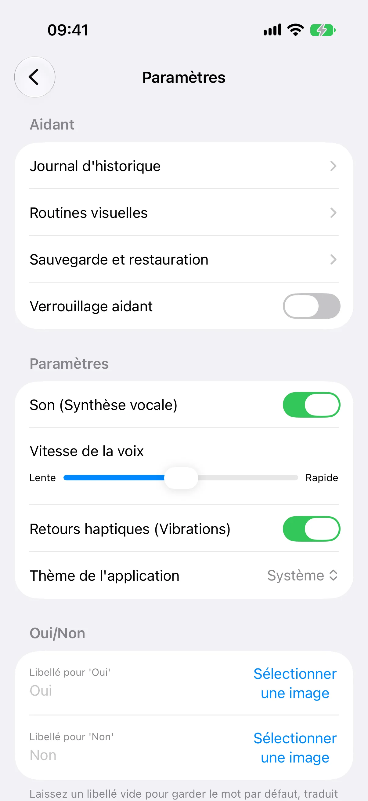 Le haut des réglages