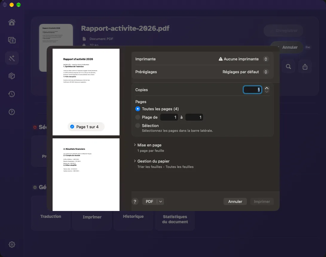 Le panneau d'impression macOS