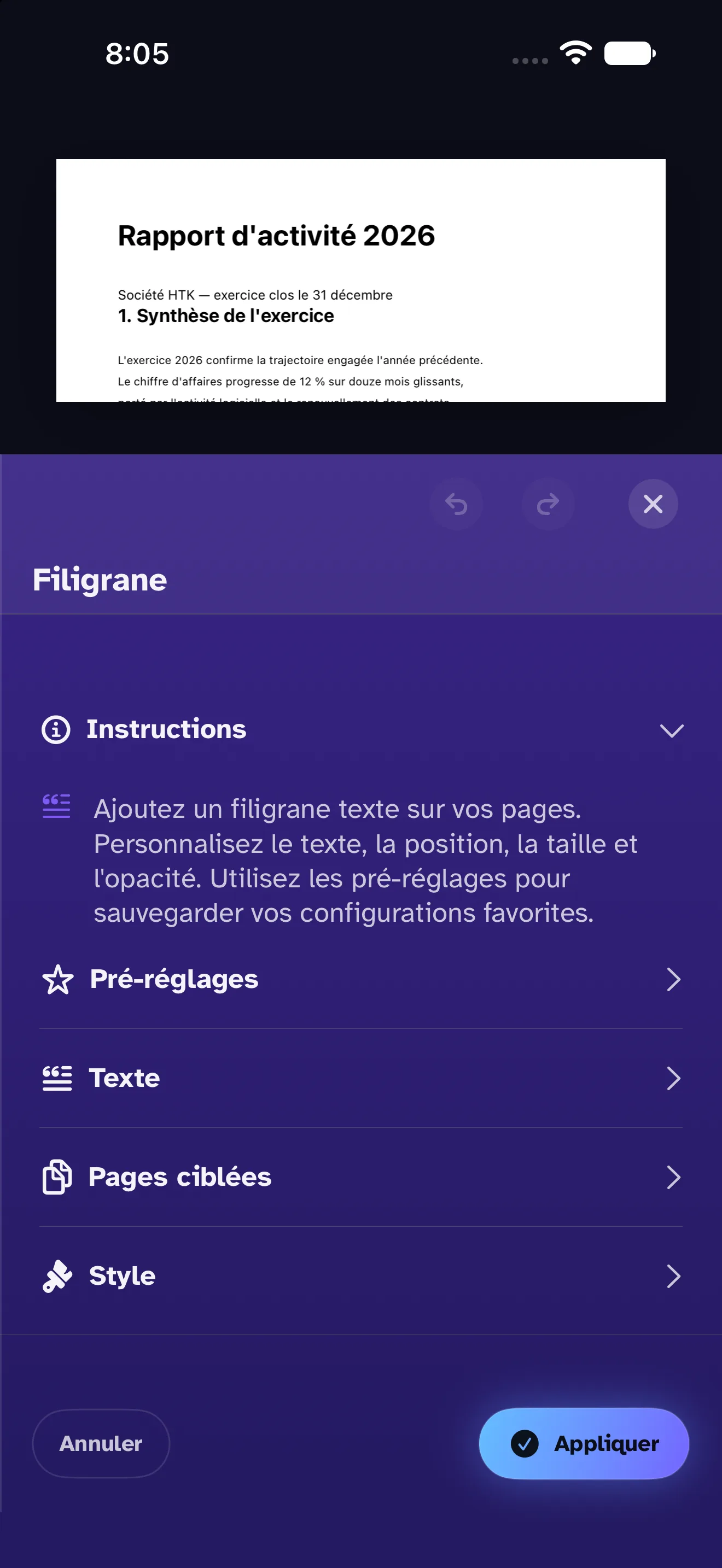 La barre d'un outil sur iPhone