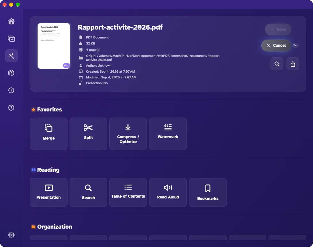 The dashboard of an open document
