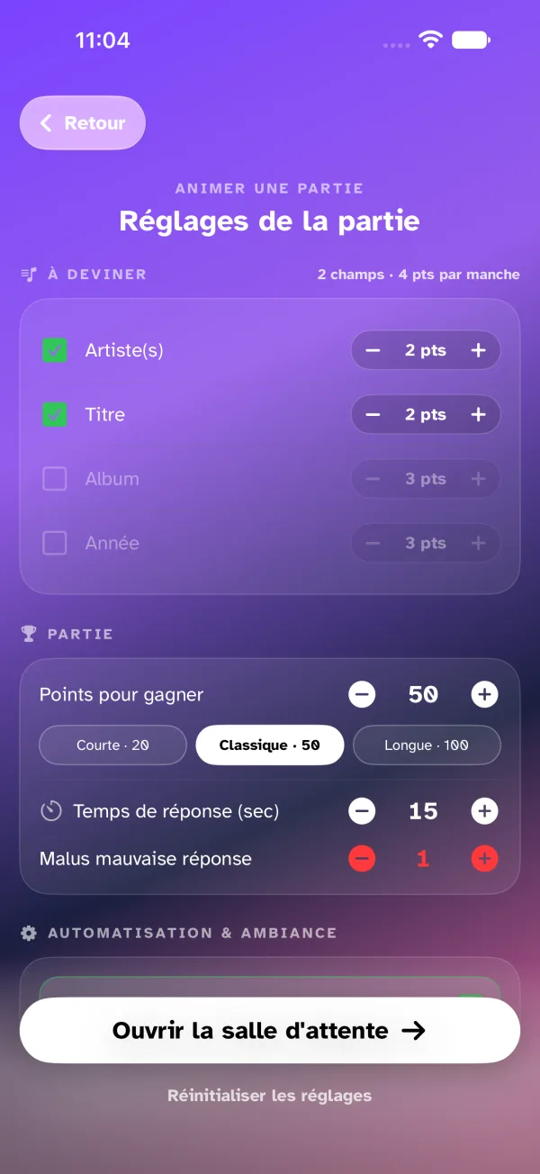 Écran de configuration des options