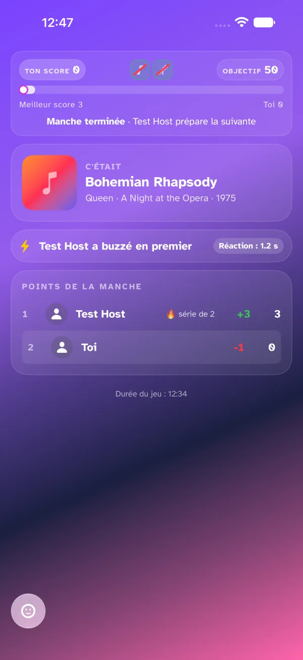 Écran de récapitulatif de fin de manche