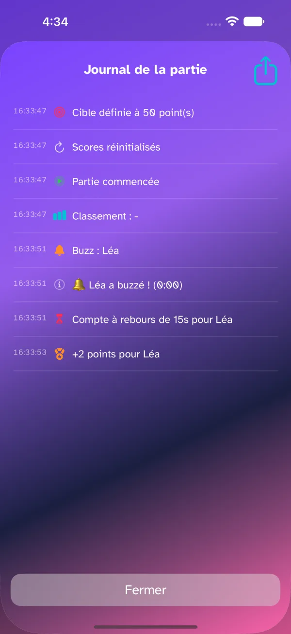 Vue du journal de bord en cours de partie