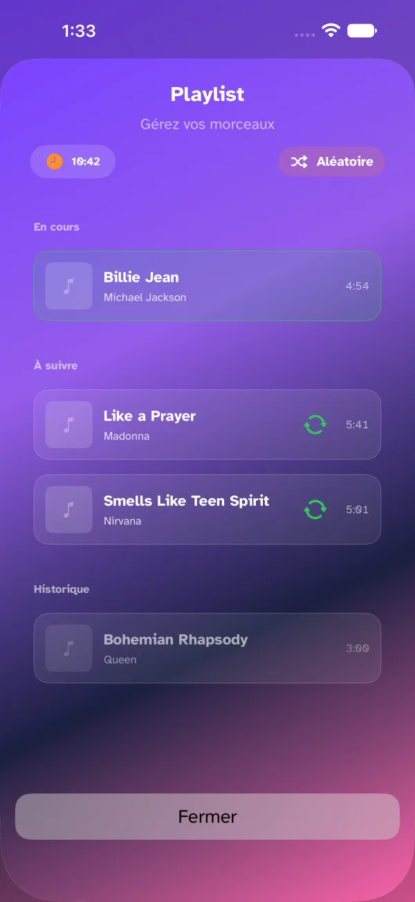 La playlist après un remplacement : le morceau choisi est passé « En cours », le précédent est descendu dans l'historique