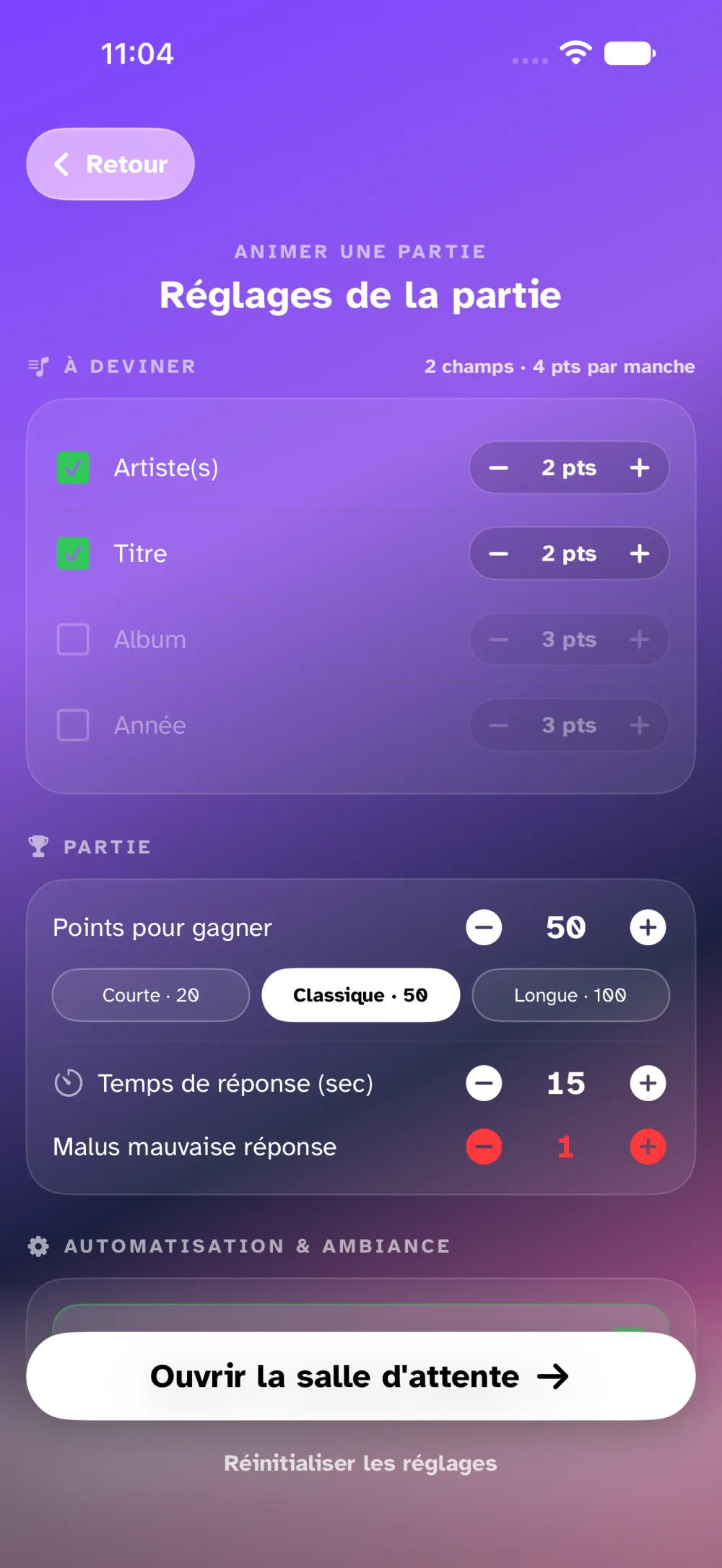 Les réglages de la partie