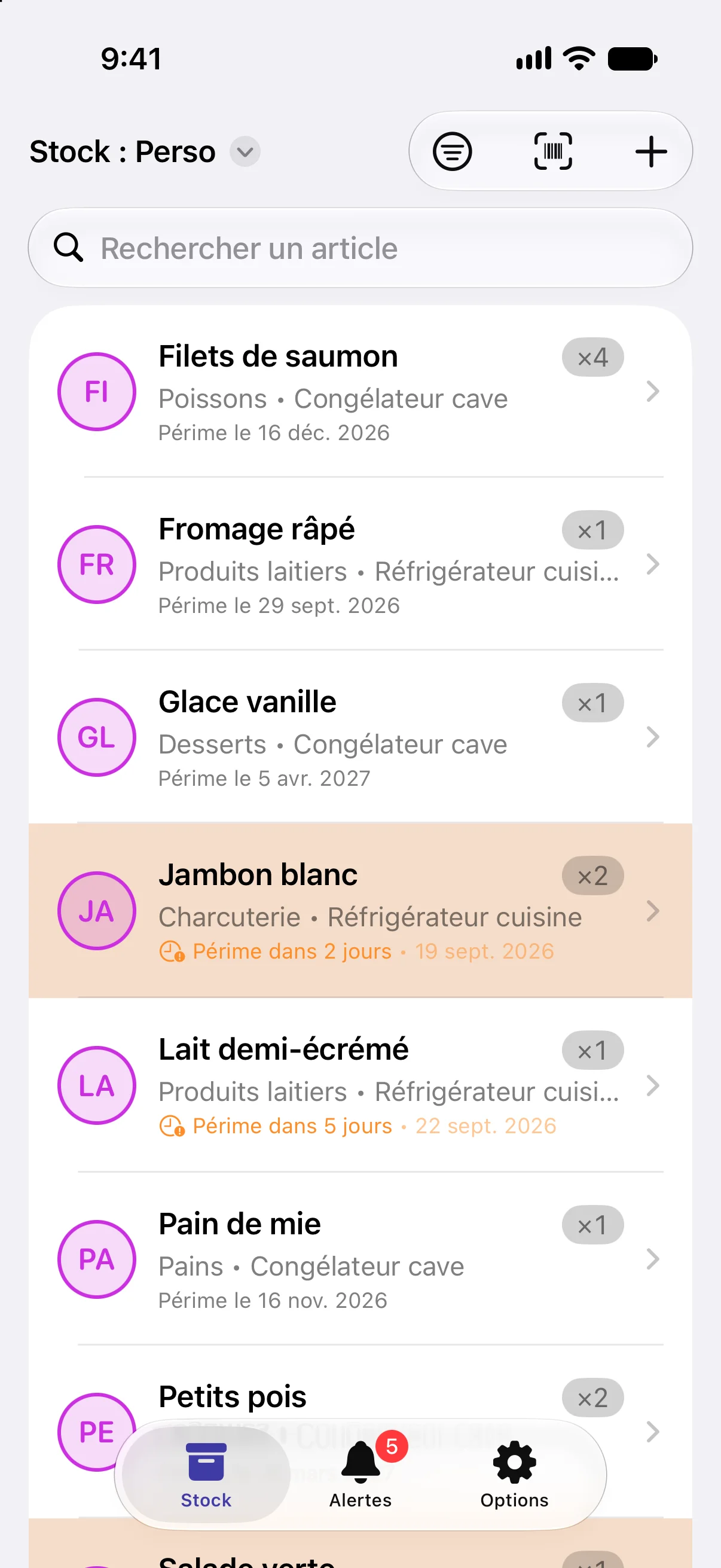 L'onglet Stock