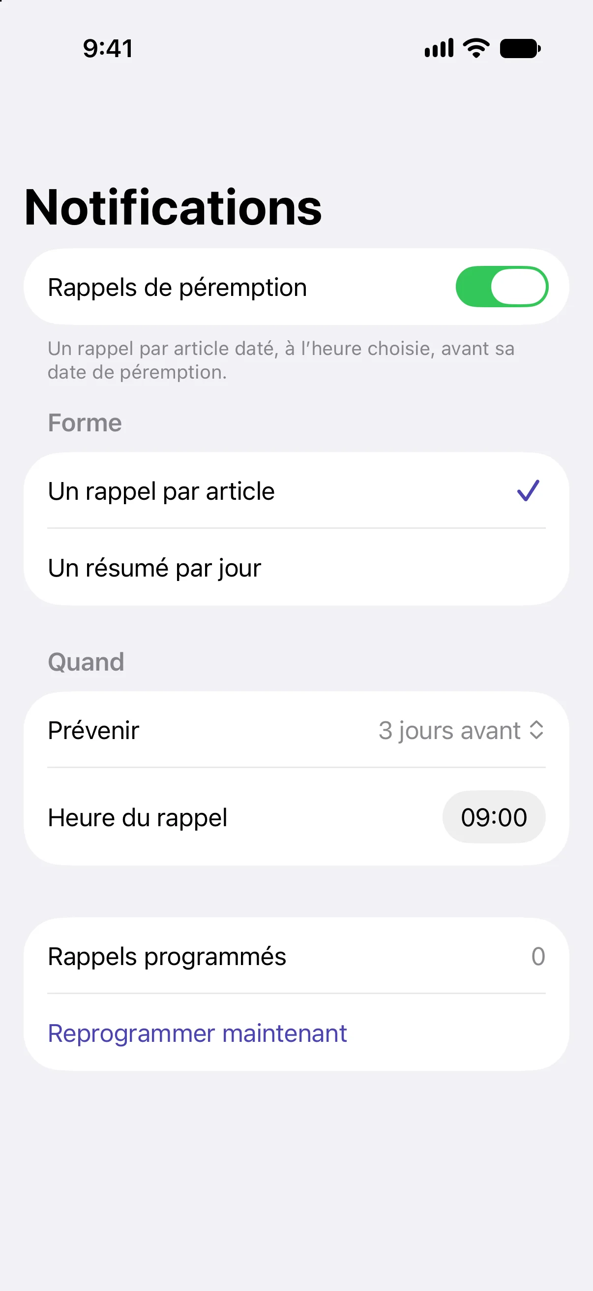 Les réglages des rappels