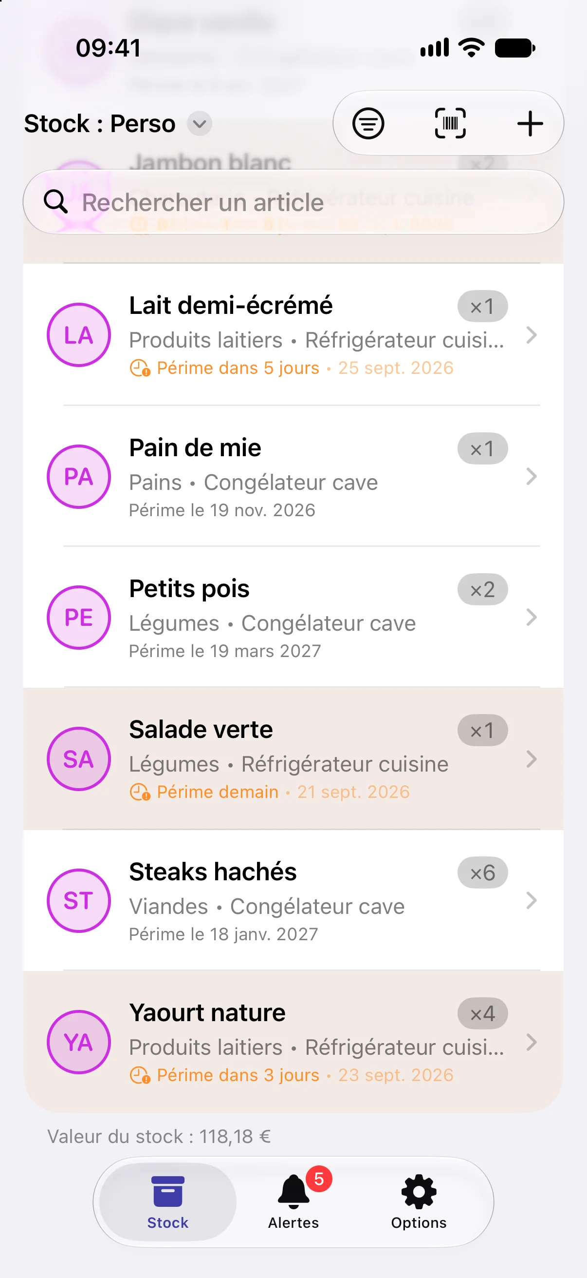 La valeur du stock sous la liste